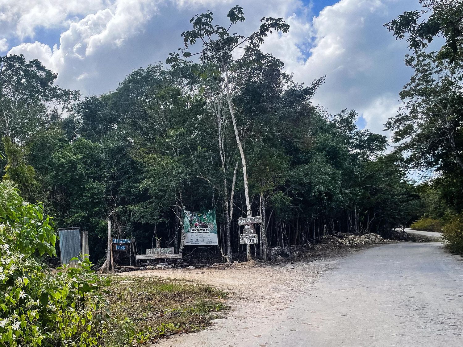 Panoramic view of a winding dirt road through tropical forest with cloudy sky overhead.