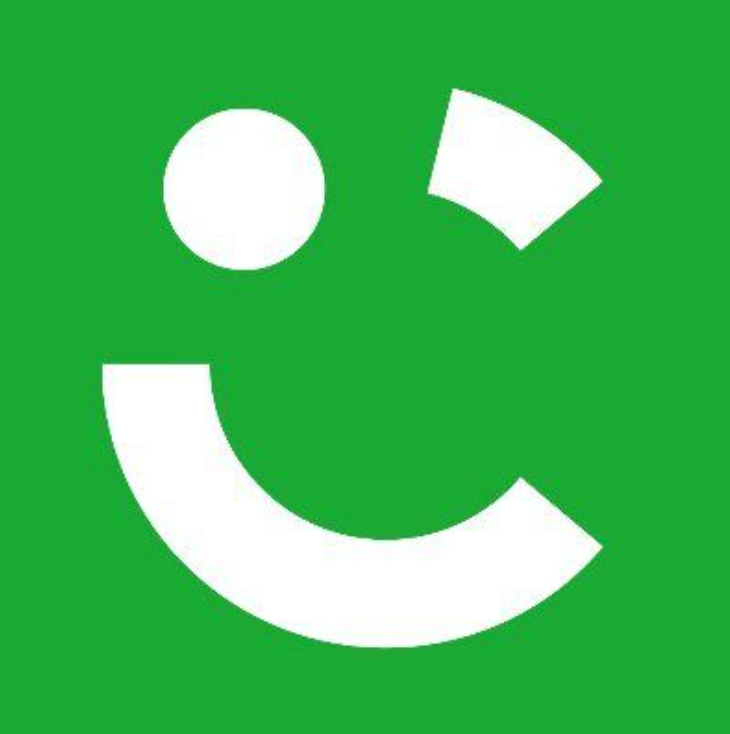 Simple white winking smiley face design on bright green square background.