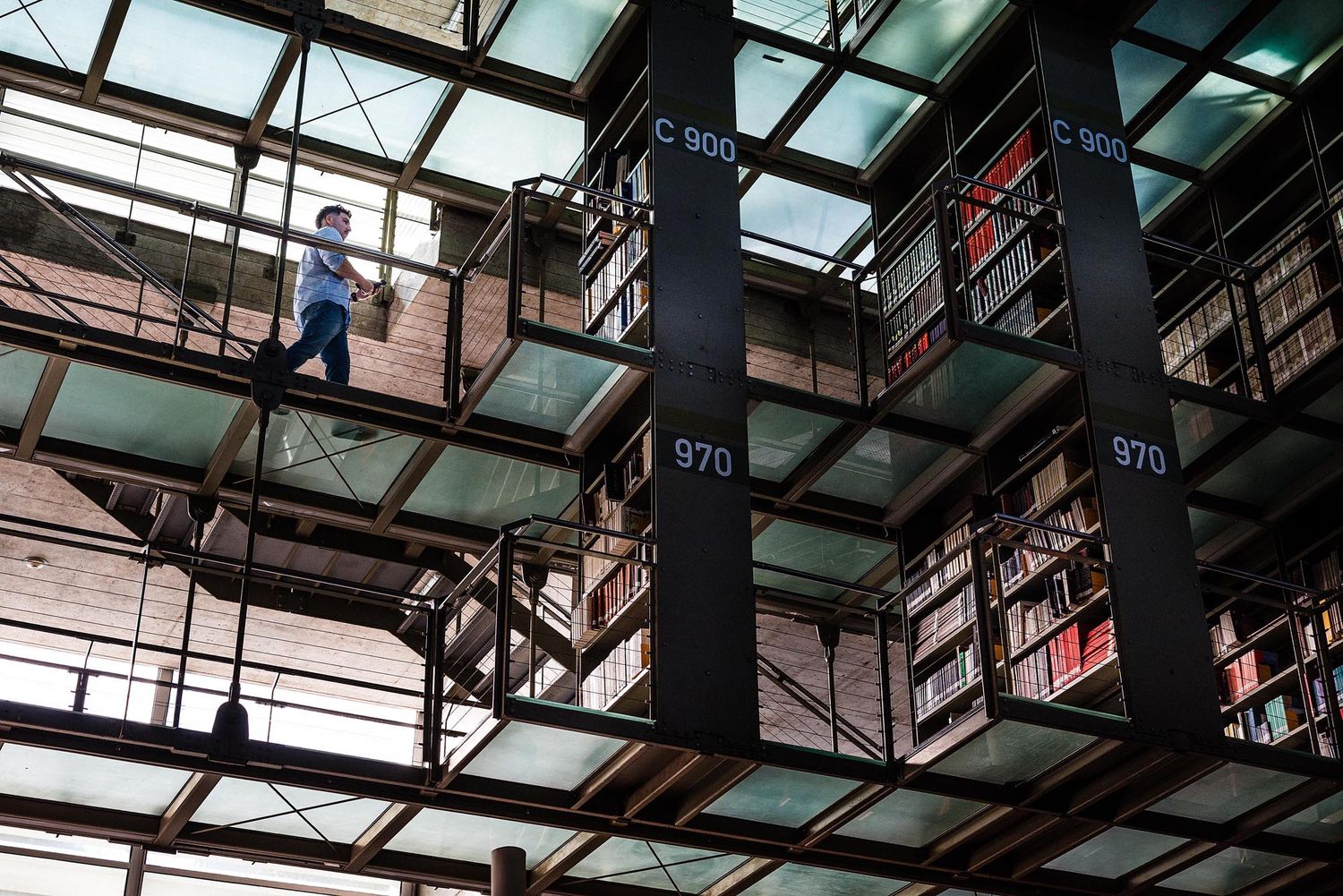 A modern industrial warehouse interior with glass ceiling panels and exposed metal framework structure.