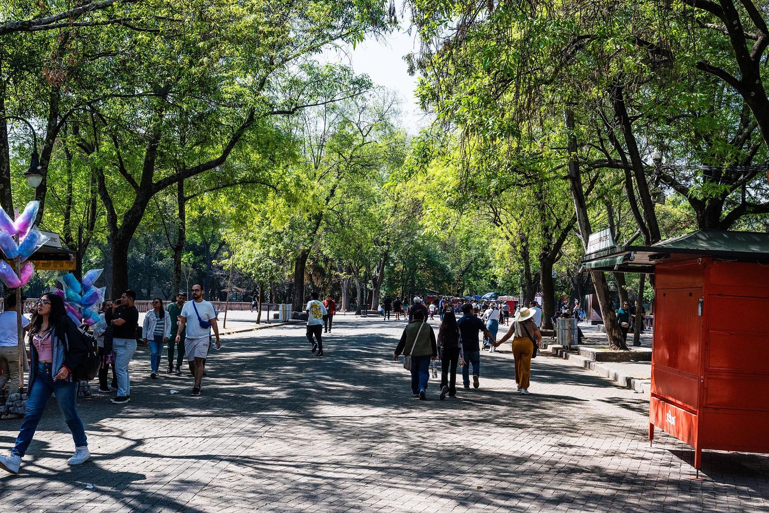 Tree-lined pedestrian walkway in Central Park with people strolling and vendors on a sunny afternoon.