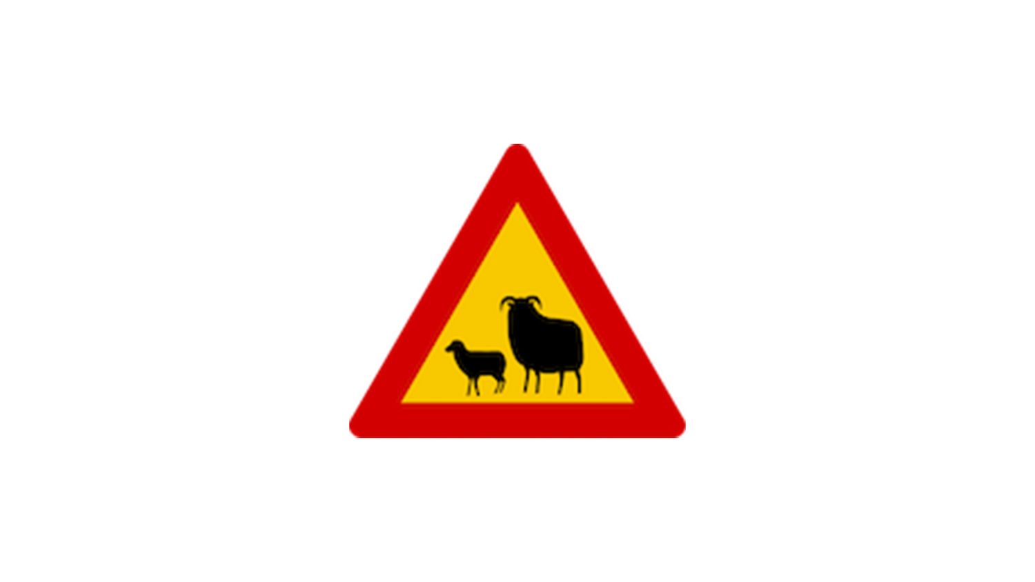 Red and yellow triangular warning road sign showing silhouettes of sheep crossing.