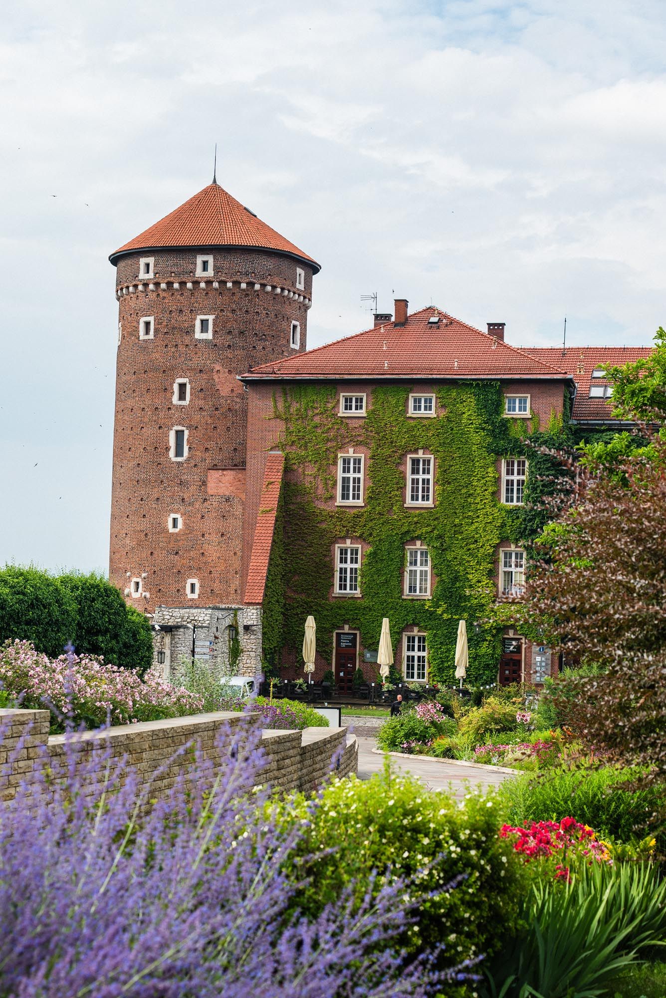 Medieval castle tower with red tiled roof rises above colorful garden with blooming lavender and ivy-covered walls.