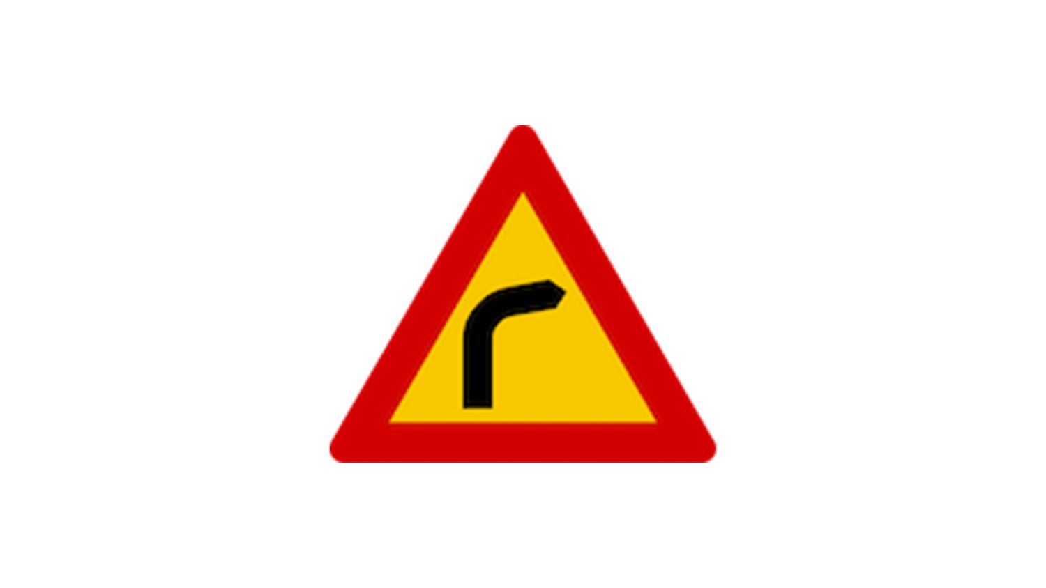 A triangular warning road sign with a red border and yellow background showing a black right curve ahead symbol.