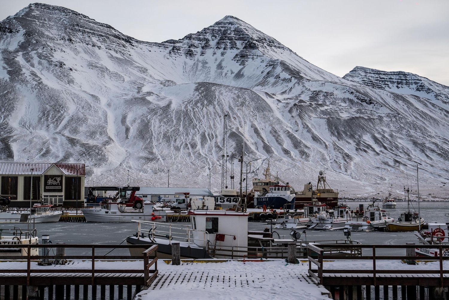 Snow-covered mountains tower over a coastal town with docked boats and industrial buildings in Iceland.