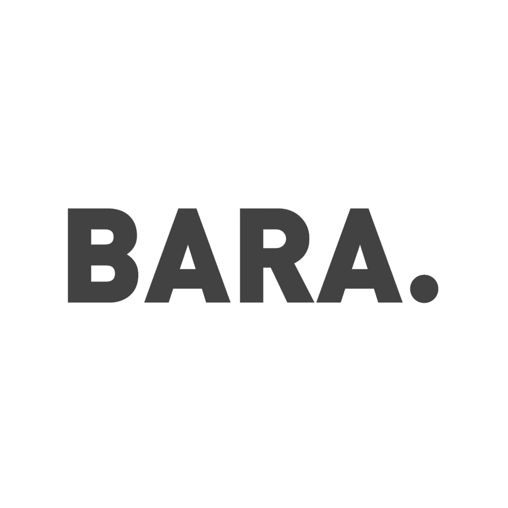 Minimalist dark logo design for 'BARA' in bold grey text on black background.