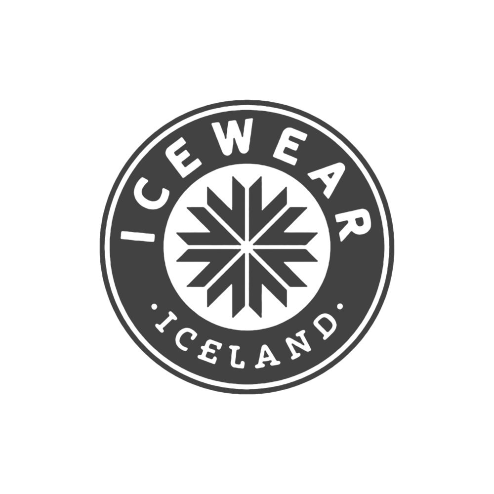 A black and gray circular logo for Icewear Iceland featuring a snowflake-inspired geometric design.