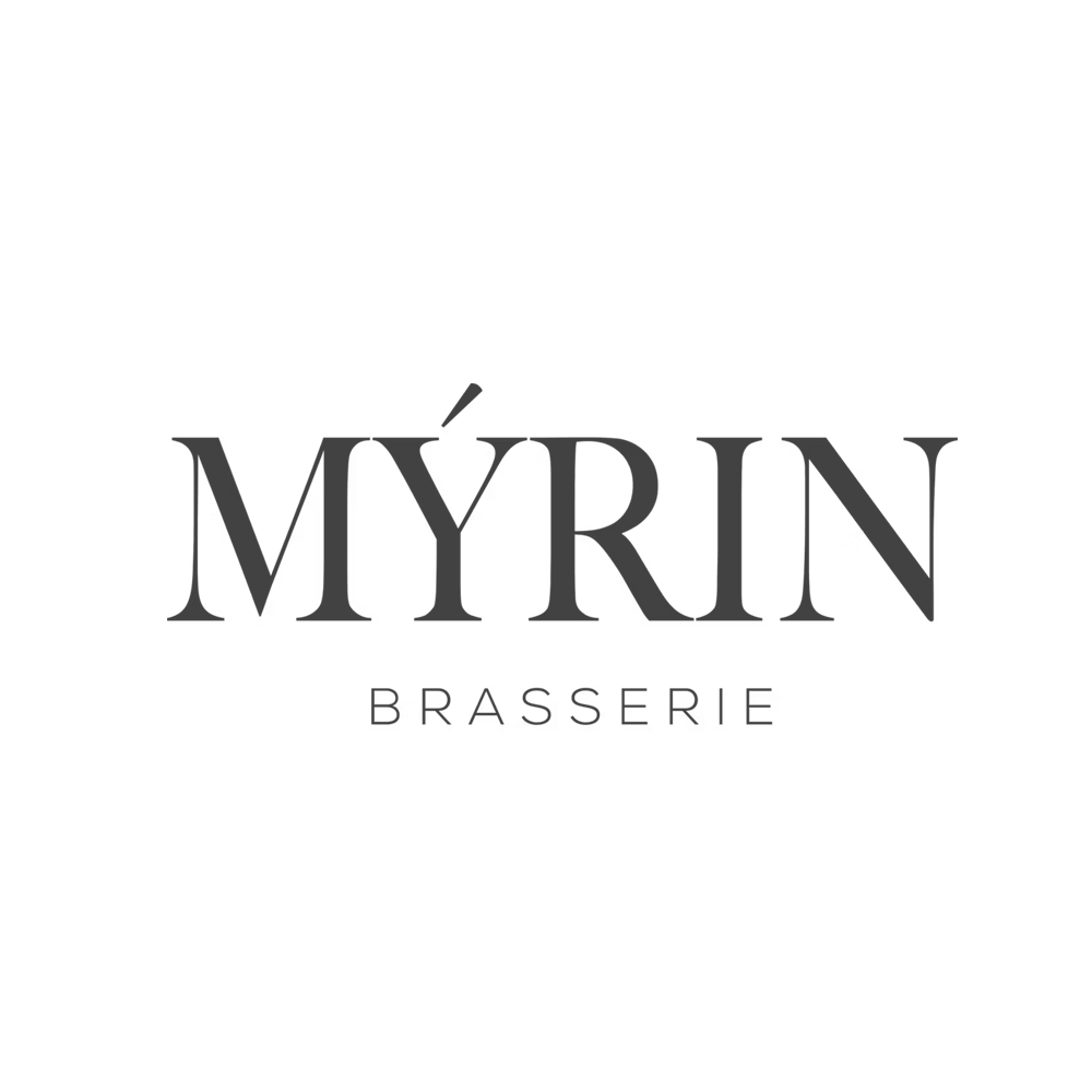 Elegant restaurant logo for 'MYRIN Brasserie' in serif typeface on dark background.