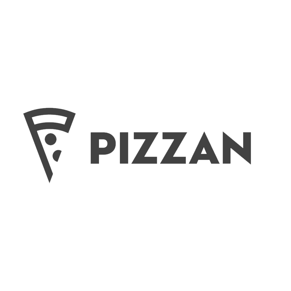 A minimalist black and white logo design featuring a pizza slice icon next to the text 'PIZZAN'.