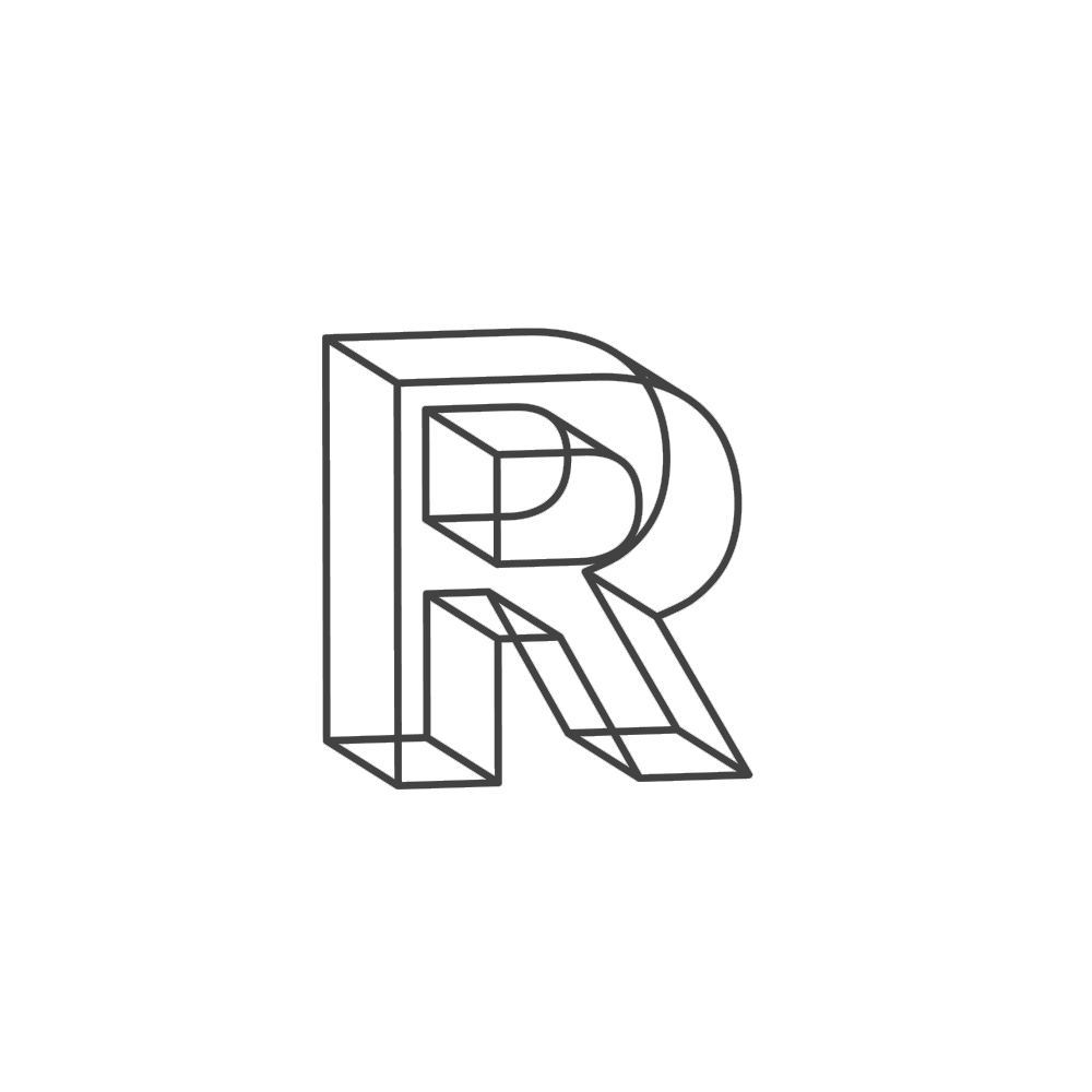 Wireframe-style isometric letter 'R' design showing 3D depth and structure.
