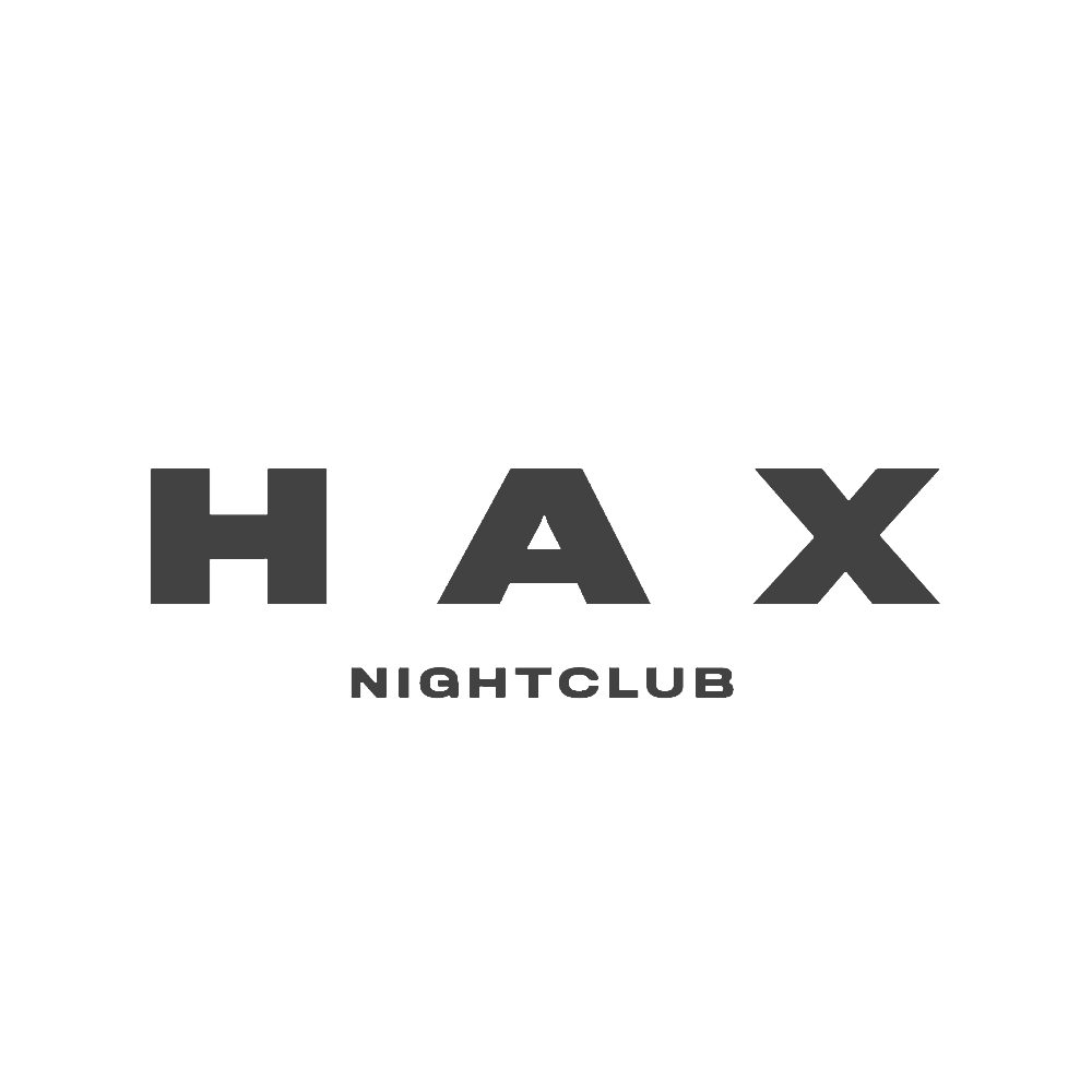 Stylized dark logo for 'HAX Nightclub' with spaced lettering on black background.