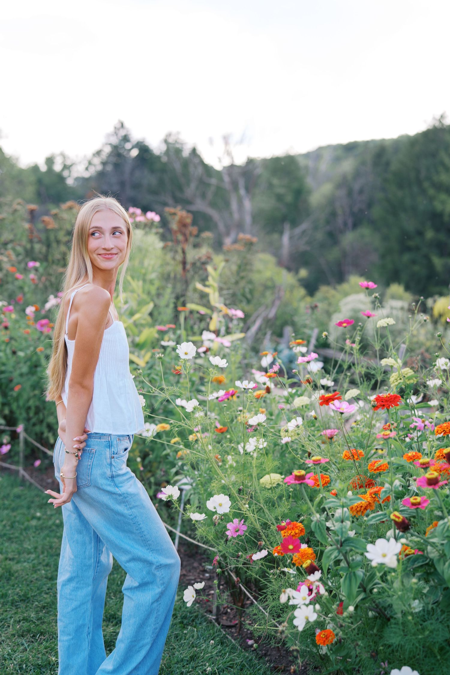 A dreamy scene in a wildflower garden with colorful poppies and daisies blooming among green foliage.
