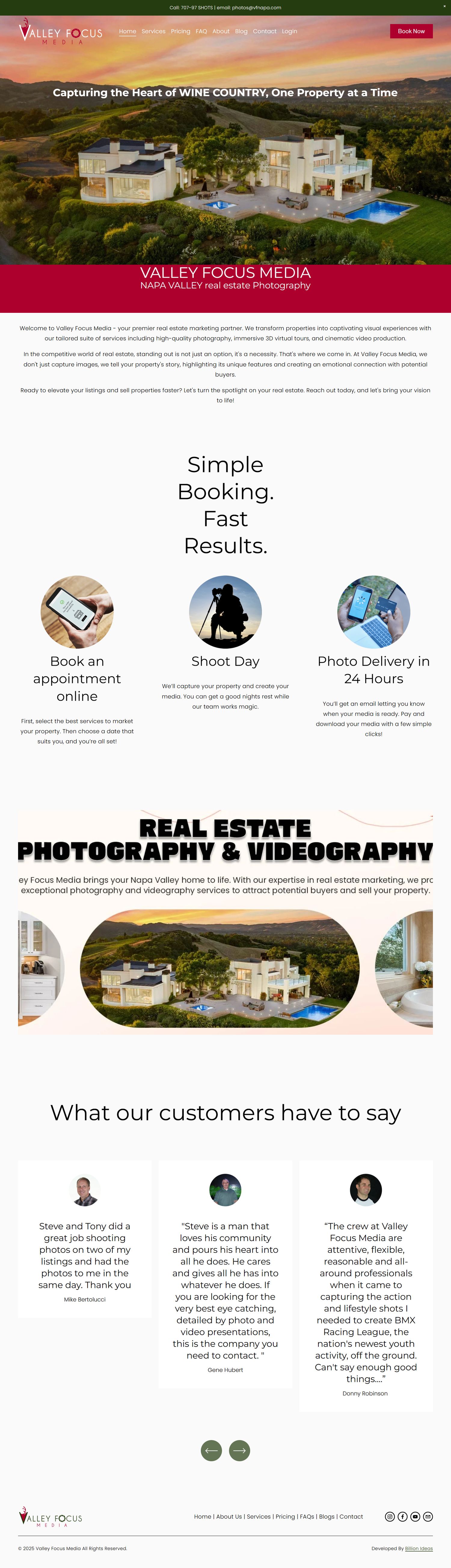 Real estate photography website showcasing luxurious wine country properties with booking features and customer testimonials.