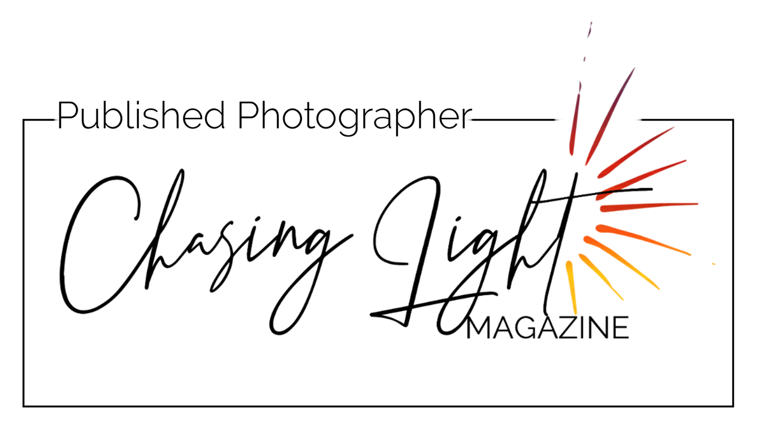 A stylized logo for Chasing Light Magazine with a sun ray design and cursive text on a white background.
