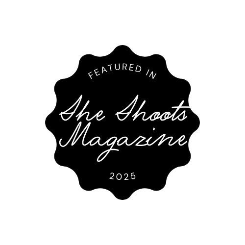 Four decorative black badges with elegant text reading 'Featured In' and 'Magazine' in cursive lettering.