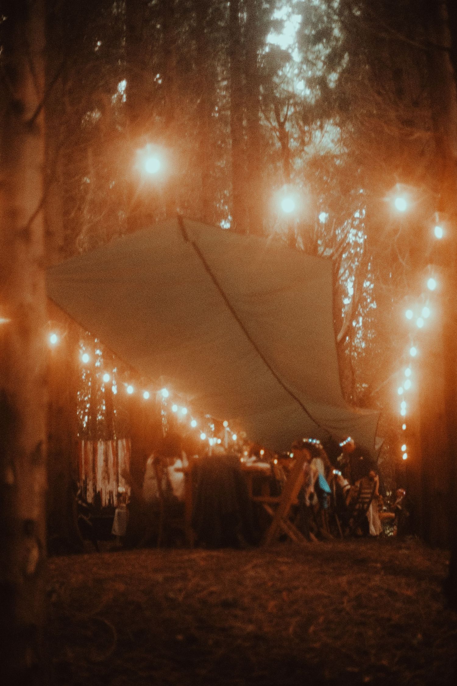Enchanting outdoor forest wedding with string lights and a canvas tent canopy at night.