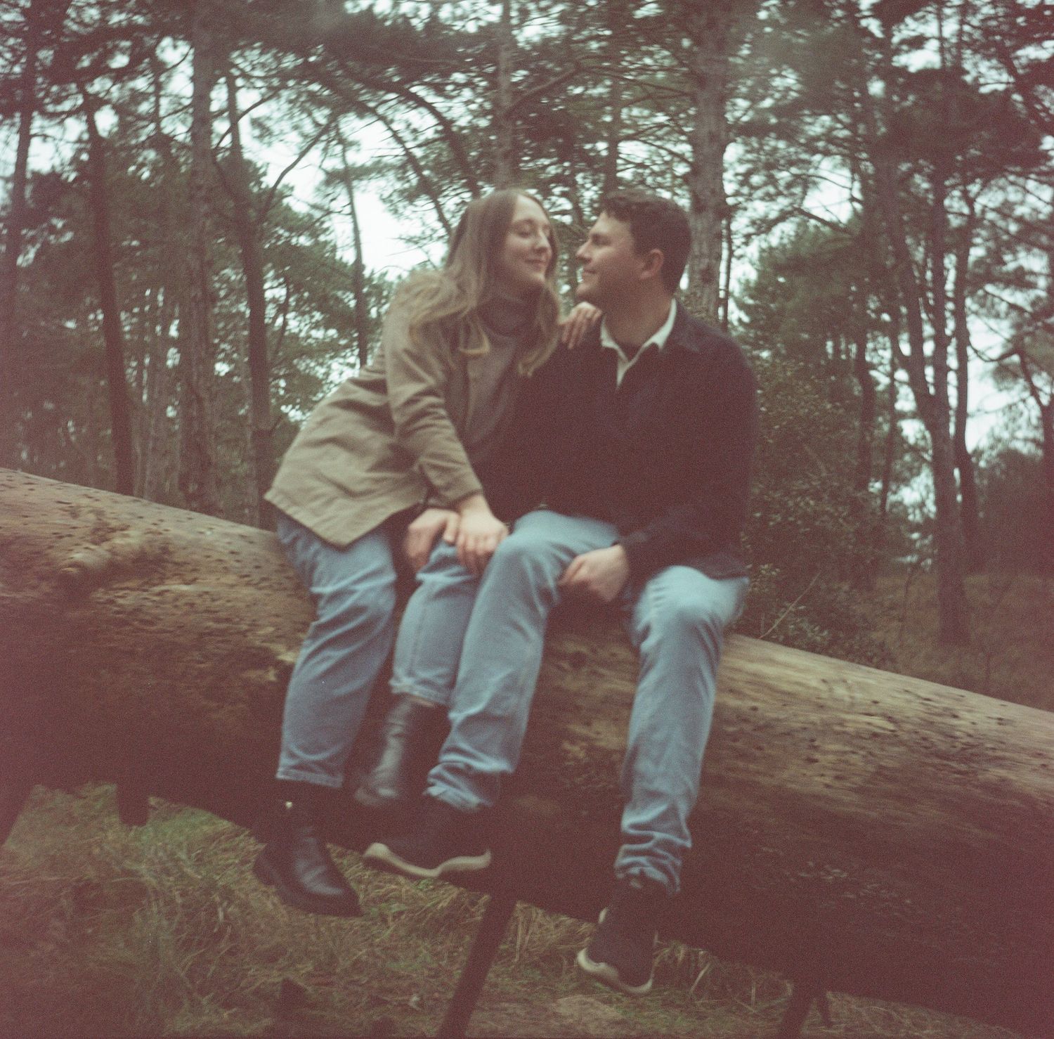 A couple sits together on a fallen log in a forest setting with a vintage-style photo effect.