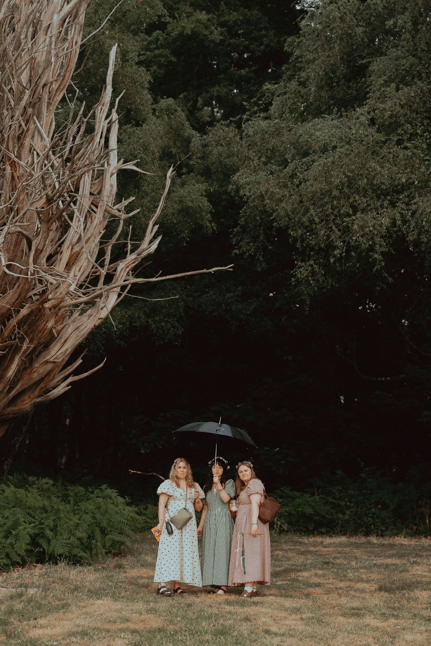 Three women in vintage floral dresses share an umbrella in a lush garden setting with dramatic trees.