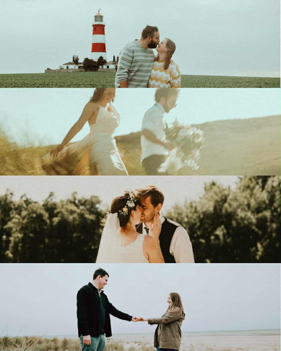 Romantic couple photo collage featuring four intimate moments near a lighthouse, beach, and countryside in natural light.
