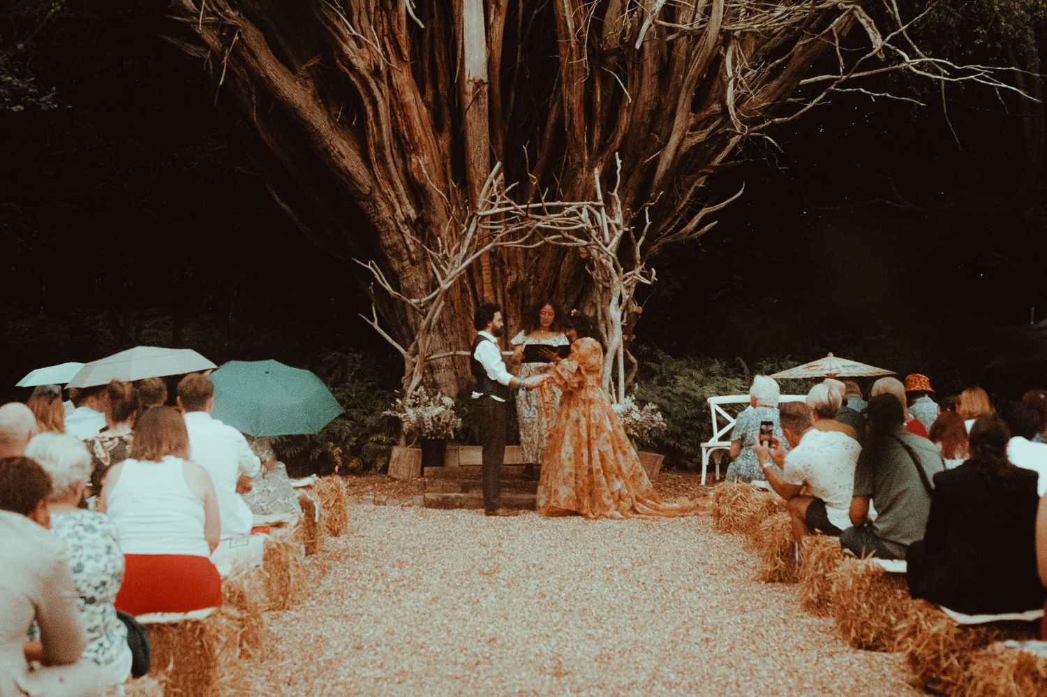 Rustic outdoor wedding ceremony with hay bale seating, floral arch, and large tree backdrop at night.