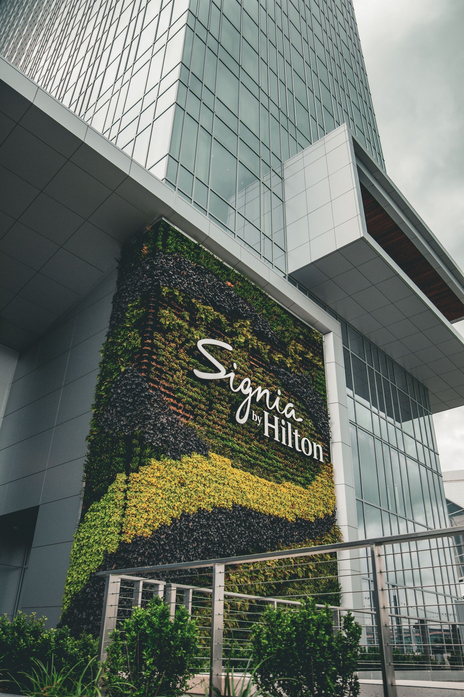 Modern Sigma Hilton hotel entrance featuring a vertical garden wall with green and yellow plants against glass architecture.