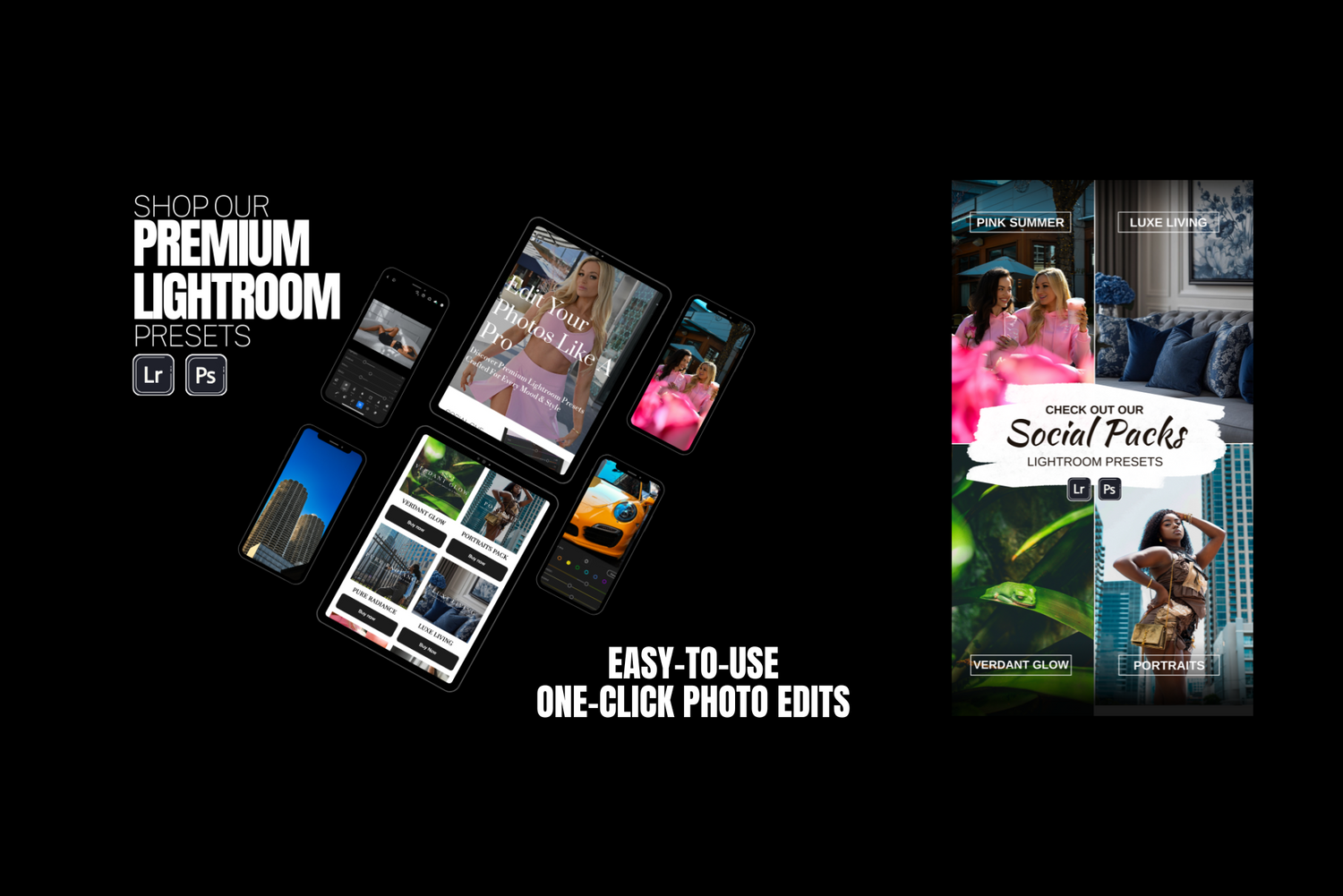 Mobile photo editing interface showing Premium Lightroom presets and one-click photo edit features with example images.