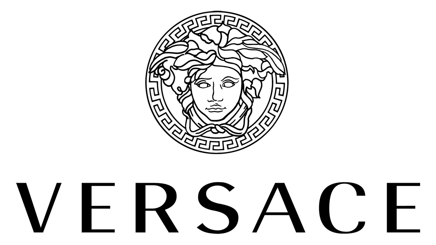 Versace luxury fashion brand logo featuring the iconic Medusa head emblem above bold black serif lettering.