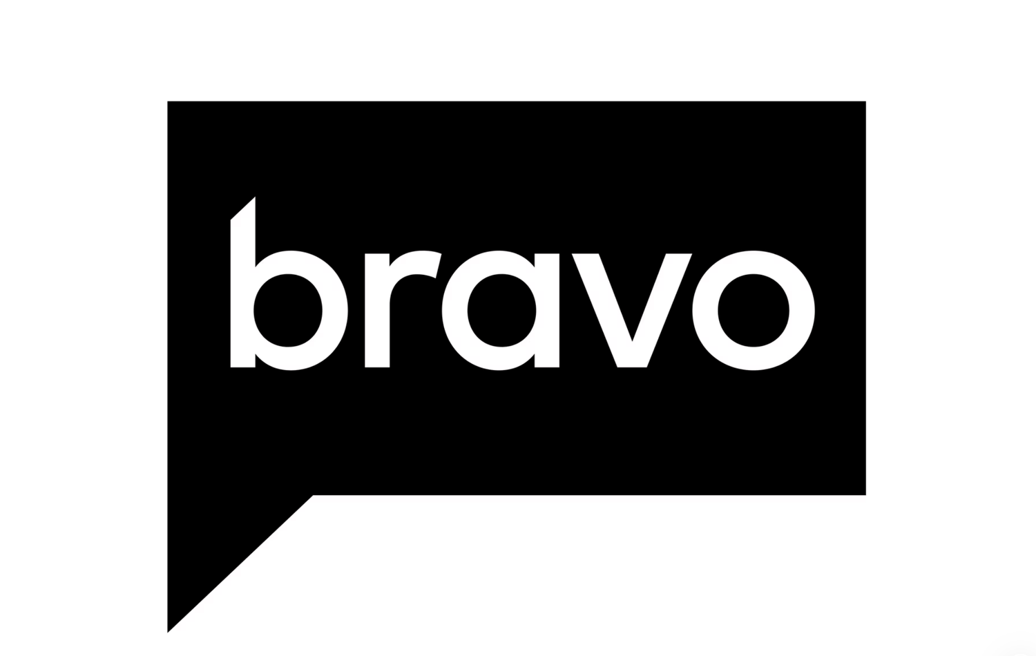 Bravo TV network logo displayed in white text on a black speech bubble shape.