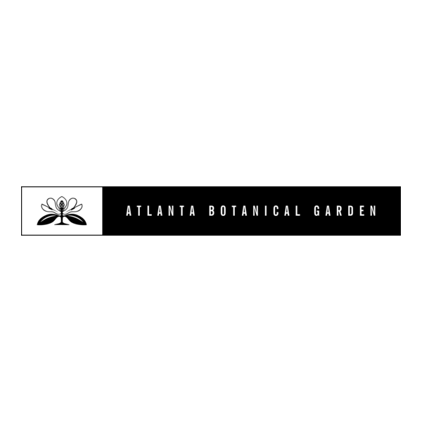 Atlanta Botanical Garden logo featuring a black and white floral emblem beside bold uppercase text on a rectangular banner.