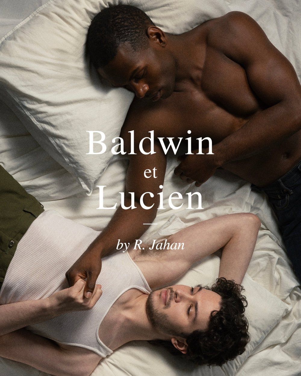 Book cover of Baldwin et Lucien by R. Jahan featuring two men resting on a bed in an intimate pose.