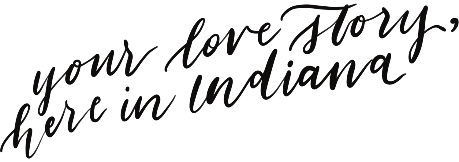 Elegant hand-lettered calligraphy reading your love story here in Indiana in black script on white background.