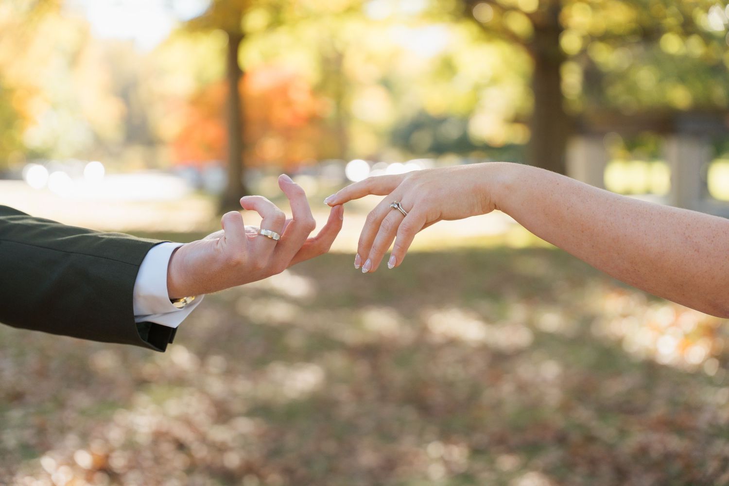 Two hands reaching toward each other, one in a dark suit sleeve and one bare with a ring, against a blurred autumn park background.