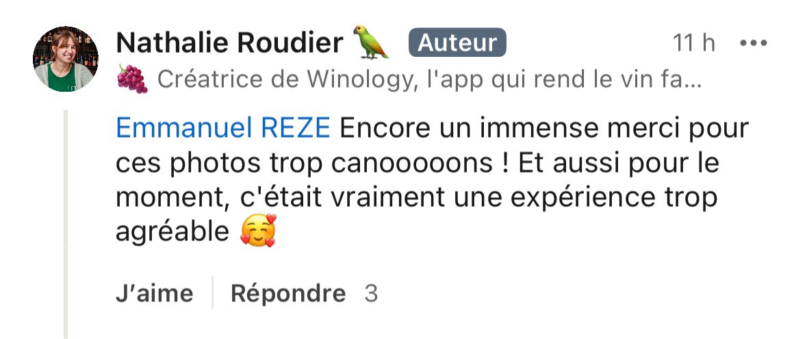 French social media comment from Nathalie Roudier thanking Emmanuel Reze for photos and a pleasant experience.