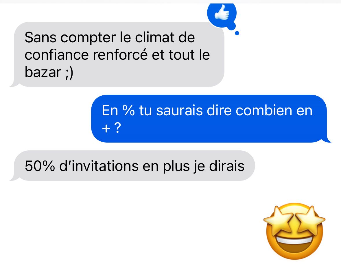French text message conversation about gaining 50% more invitations thanks to improved confidence and photos.