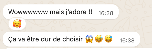 Screenshot of a French WhatsApp message expressing love for photos and difficulty choosing favorites.
