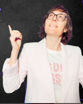 Woman in white blazer pointing upward against dark background.