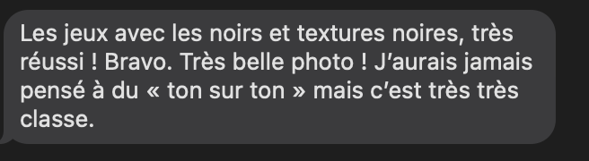Screenshot of a positive French text review praising black textures and tones in a photo shoot.