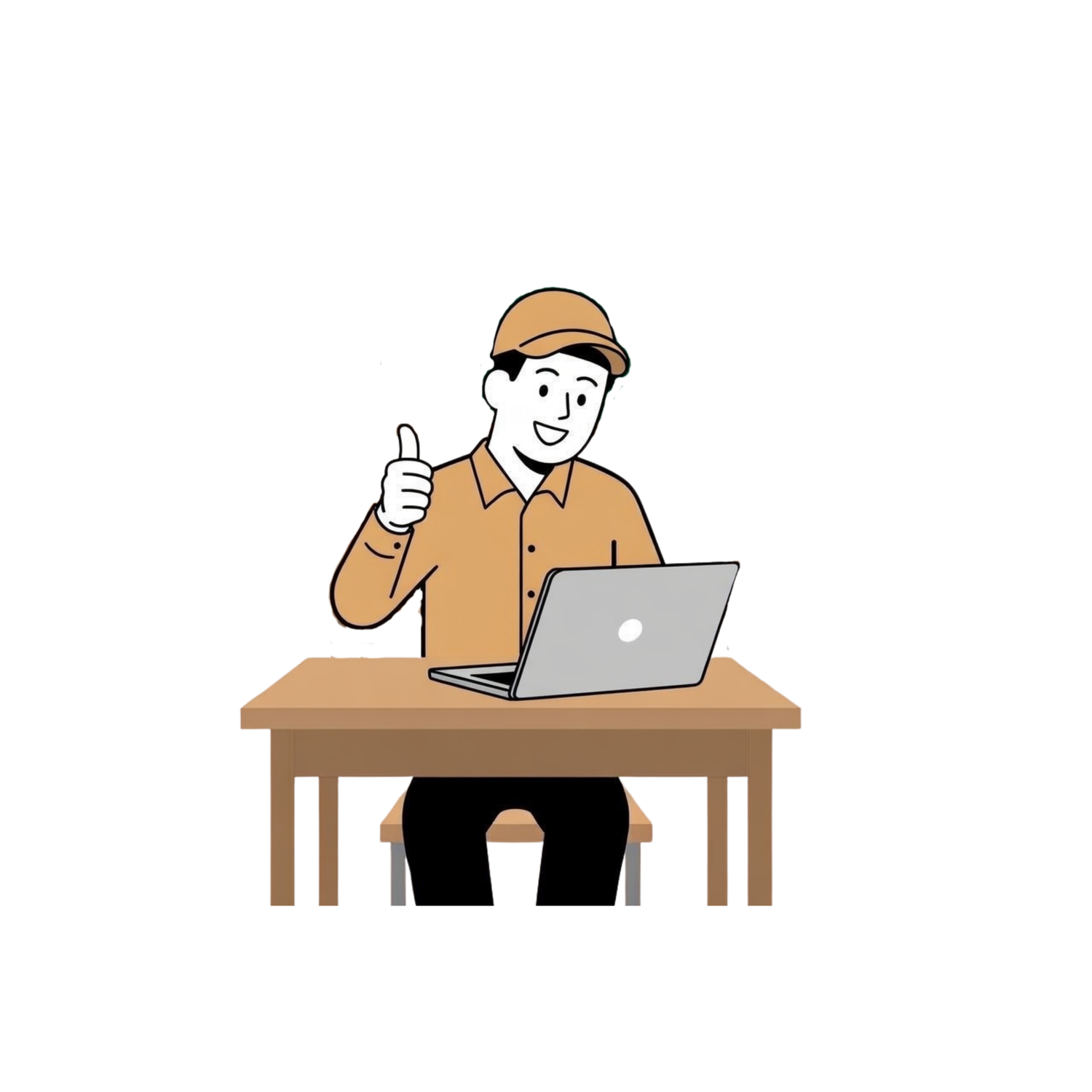 Illustration of a man in a tan cap giving thumbs up while working on a laptop at a desk. Working CPO course.