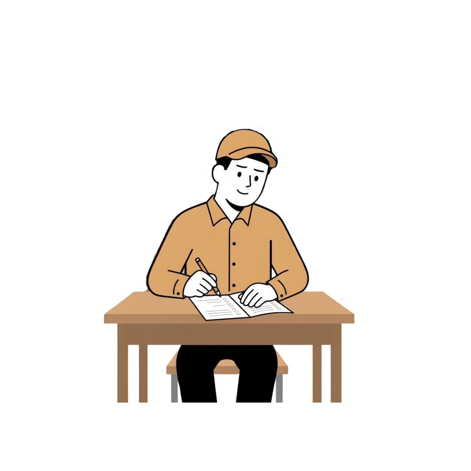 Illustration of a man in a tan cap and orange shirt writing CPO course notes at a wooden desk.