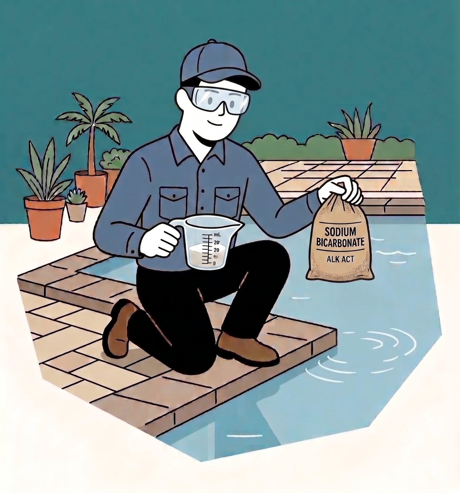 Man kneeling by pool adding sodium bicarbonate to raise alkalinity, holding measuring cup, wearing safety goggles.