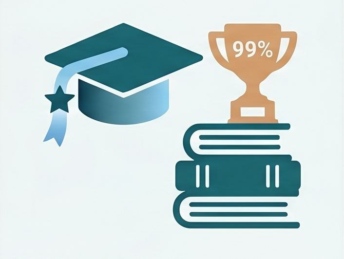 Graduation cap, stack of teal books, and a trophy showing 99% symbolizing academic excellence and achievement.