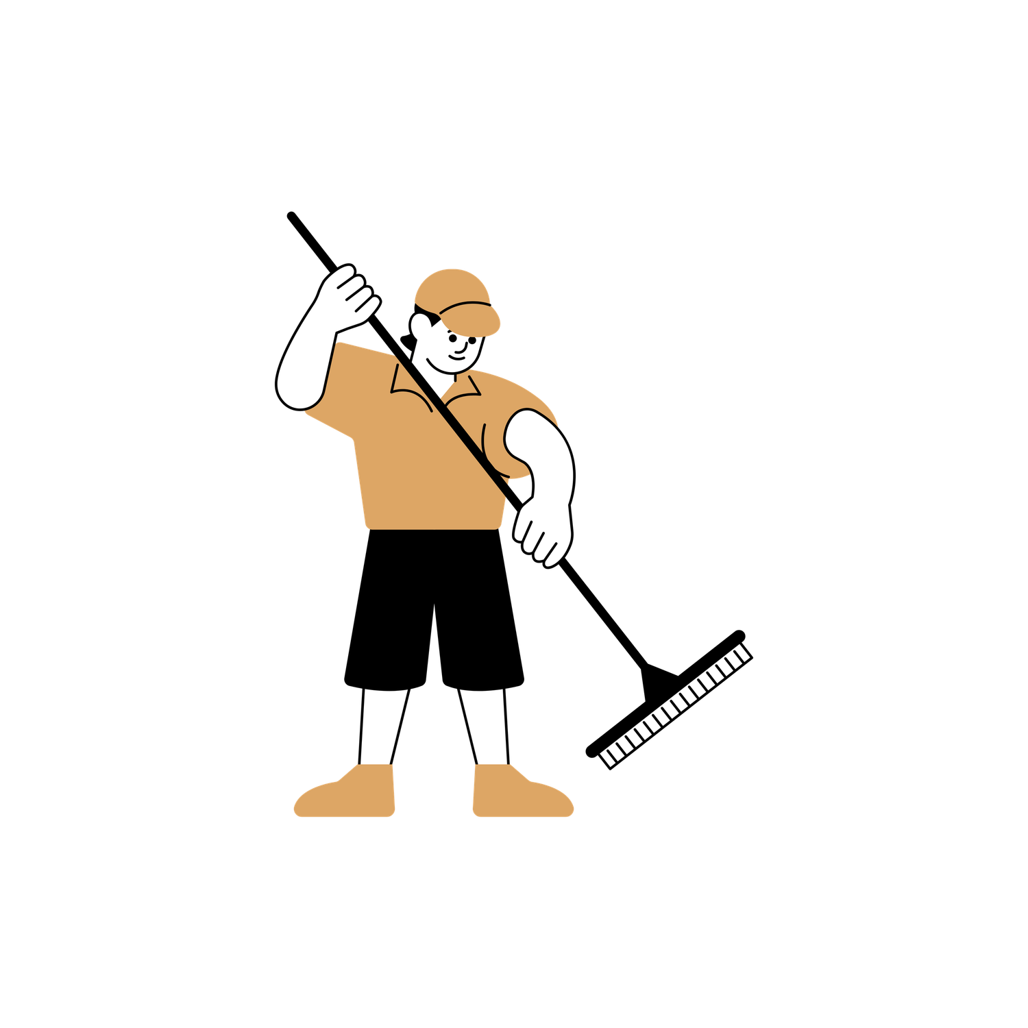 Cartoon illustration of a pool guy brushing a swimming pool.
