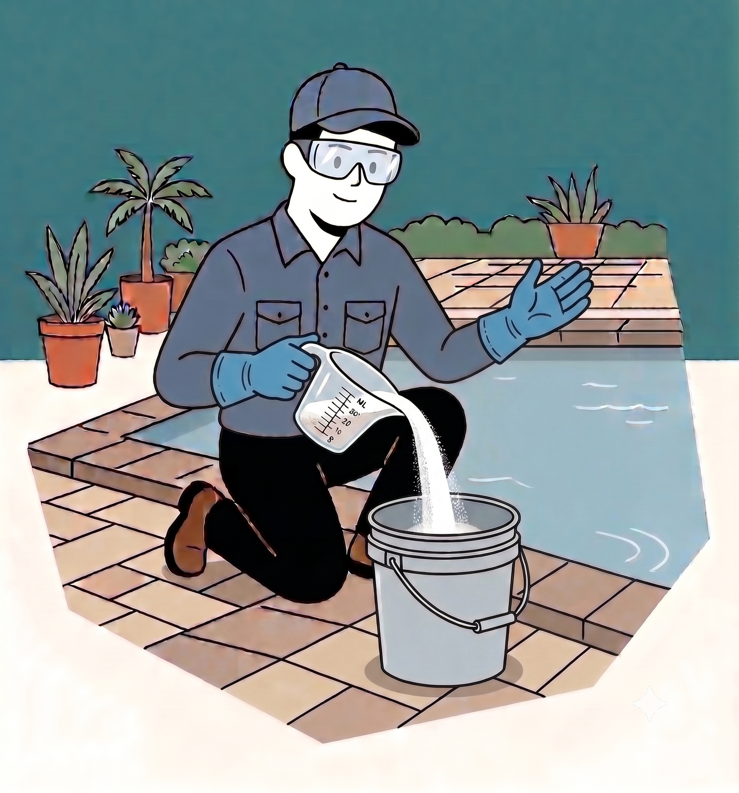 CPO Pool tech in safety goggles and gloves pouring Calcium Chloride into a bucket beside a swimming pool adjusting calcium levels.