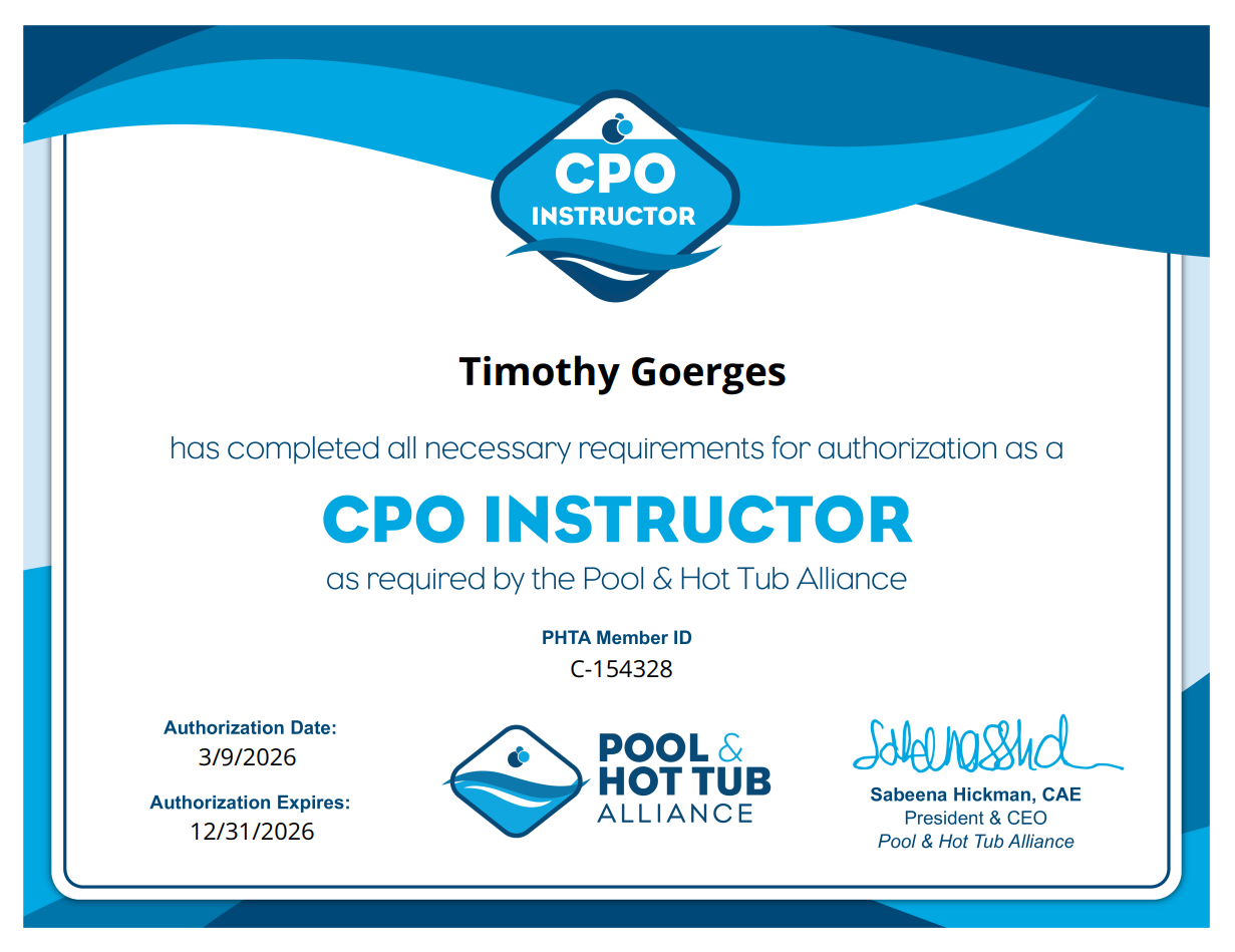 CPO Instructor certification card for Timothy Goerges, authorized by Pool & Hot Tub Alliance, member ID C154328.