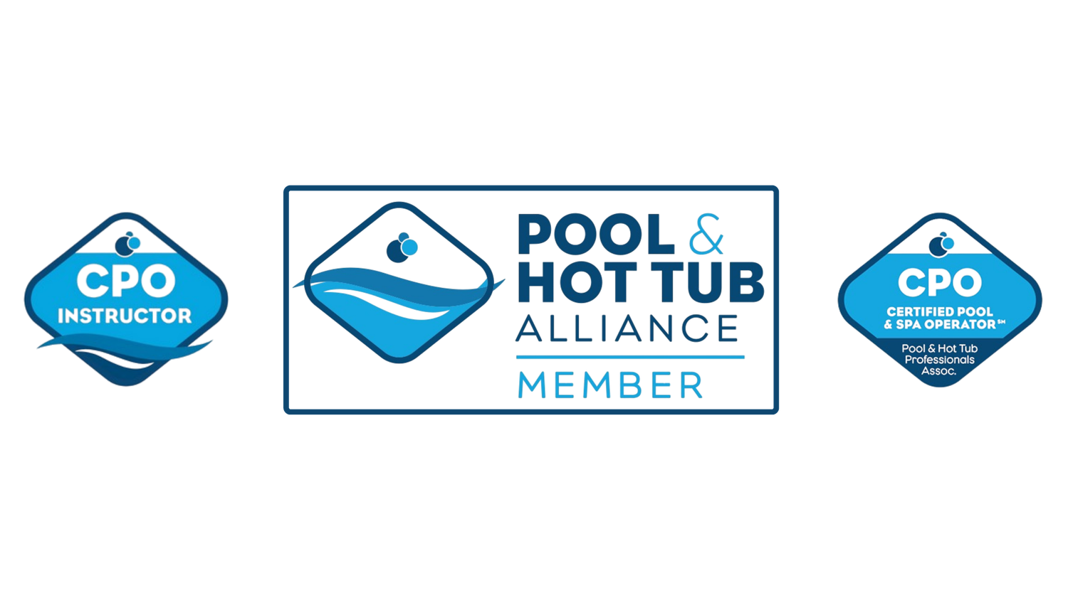 Pool & Hot Tub Alliance member badge flanked by two CPO Instructor and Certified Pool Operator certification logos.
