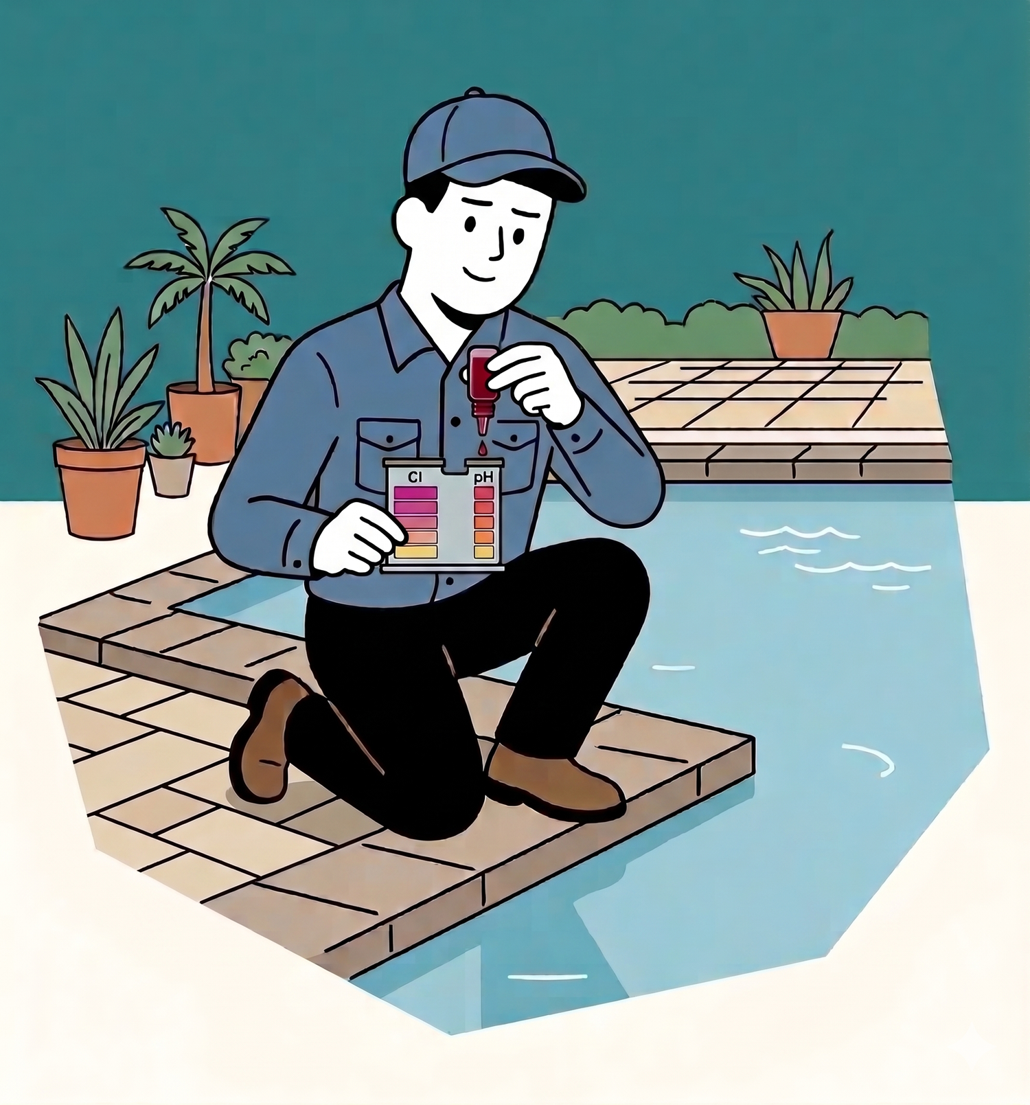 Pool technician kneeling by swimming pool testing water chemistry with pH test kit.