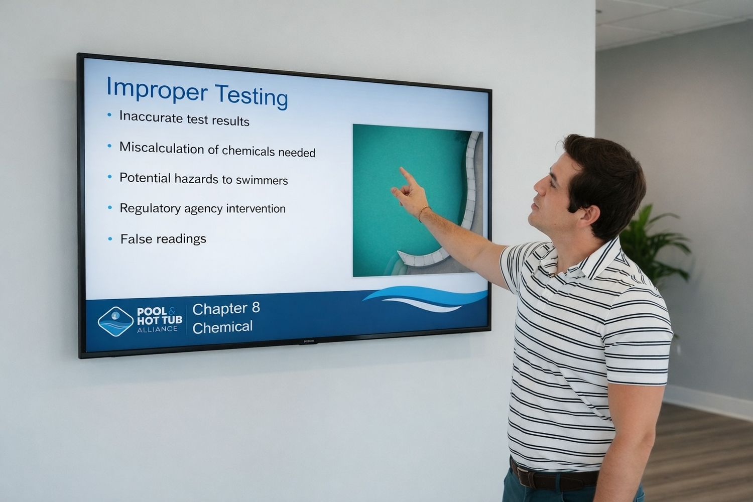 A CPO Certification instructor points to a presentation slide about improper pool chemical testing in a training classroom.