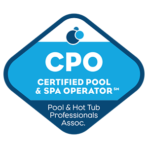 CPO Certified Pool & Spa Operator badge issued by Pool & Hot Tub Professionals Association on blue diamond shape.