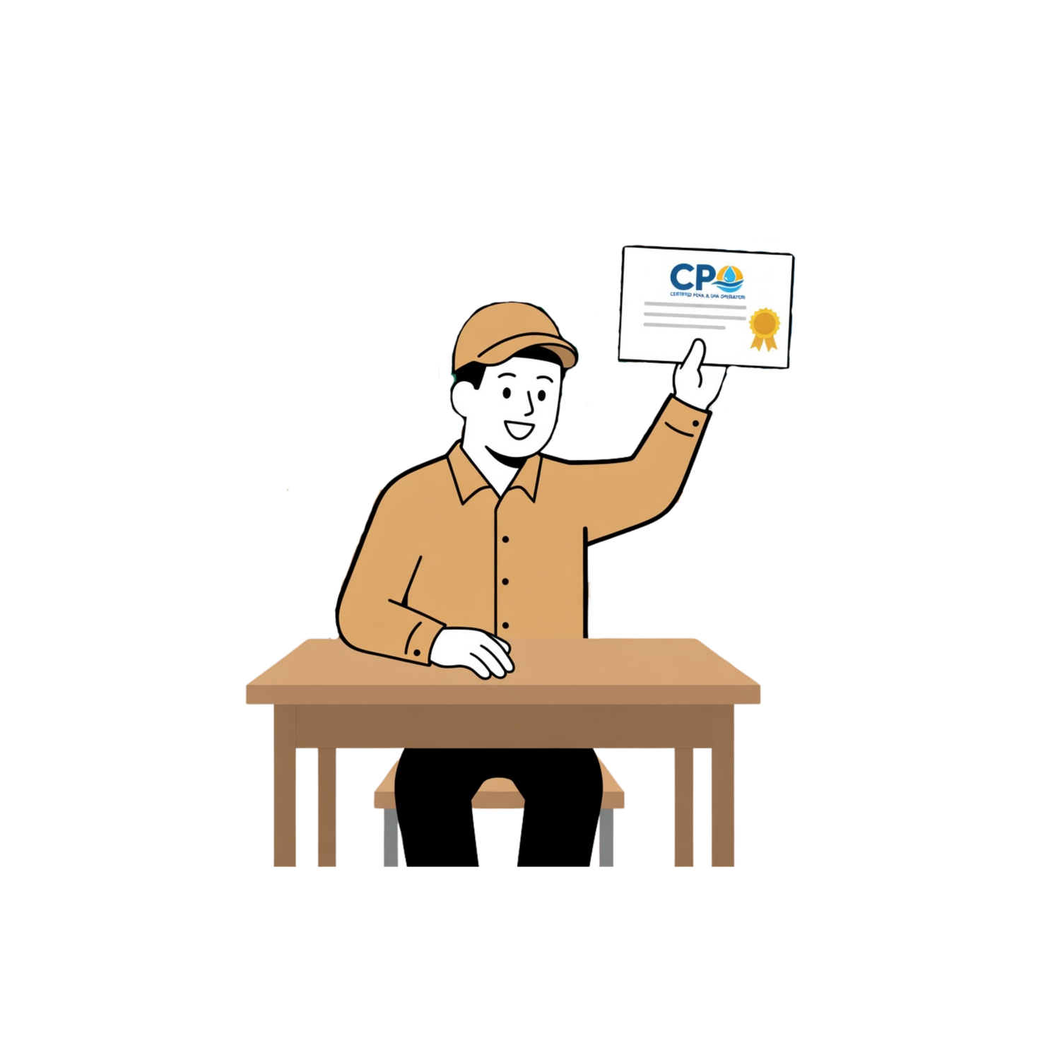 Illustration of a man in a tan cap holding up a CPO certification certificate at a desk.