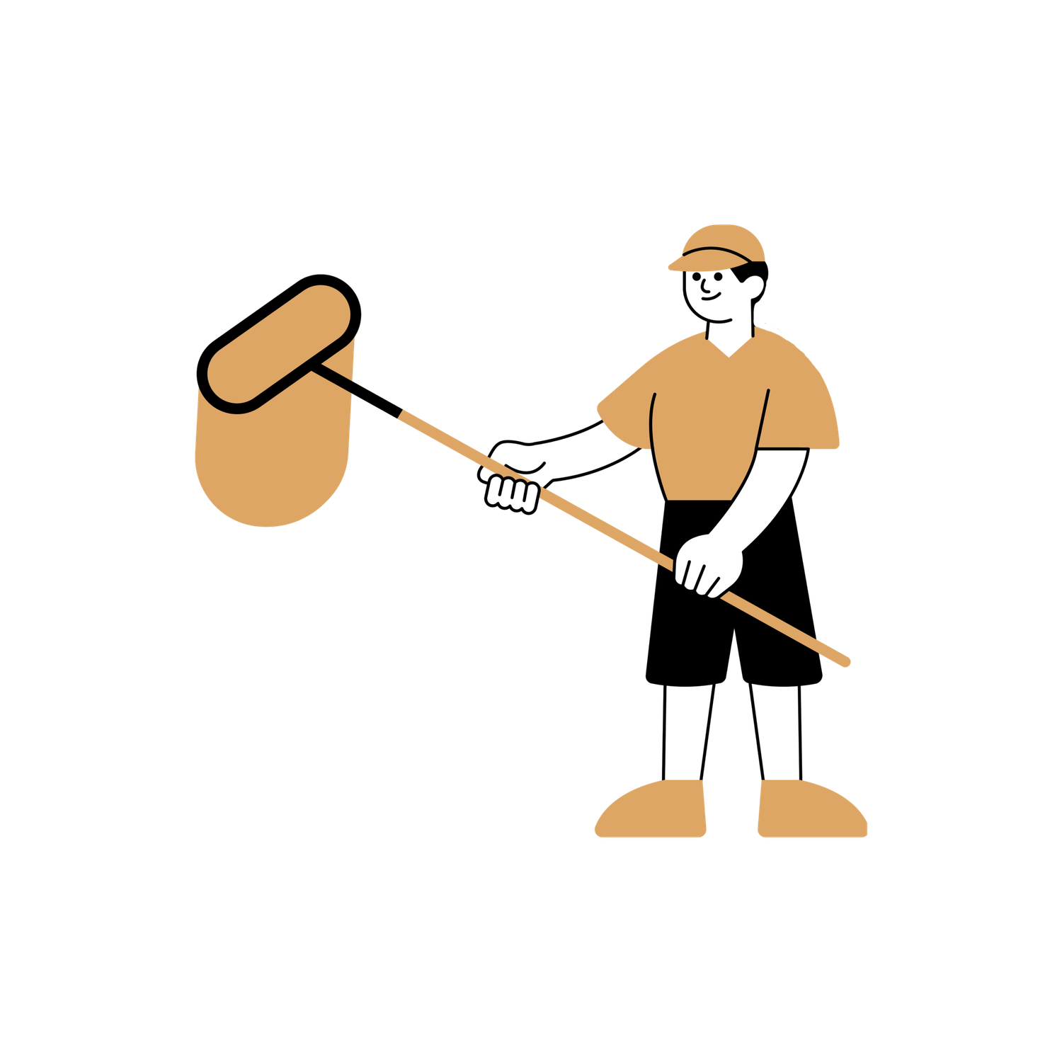 A cartoon illustration of a smiling worker in orange clothes holding a pool skimmer net tool.