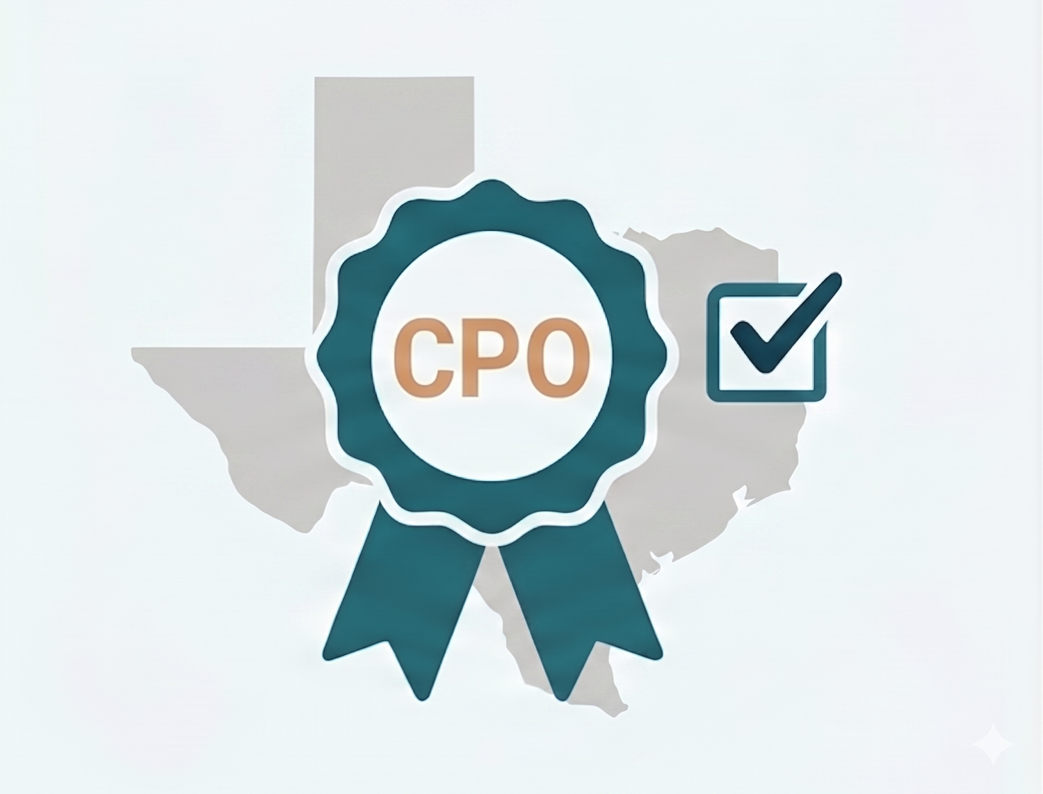 Texas CPO certification badge with teal ribbon, checkmark, and state outline symbolizing Certified Pool Operator credentials.